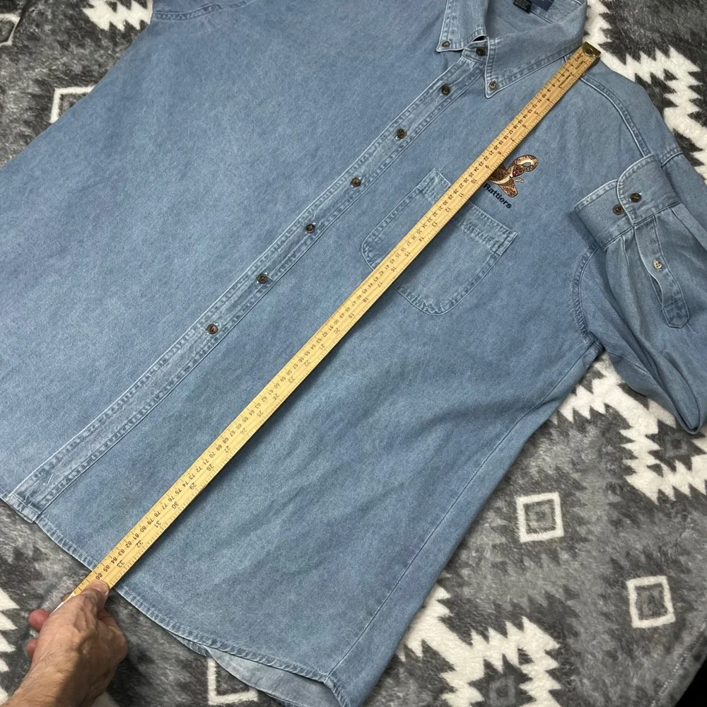 VTG Rattler Snake Embroidered Denim Shirt XL Blue Pine Island Rockabilly Work